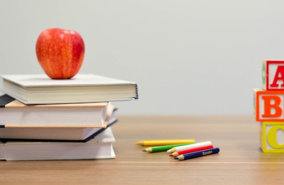 Stack of books with apple on top and alphabet blocks stacked to the right